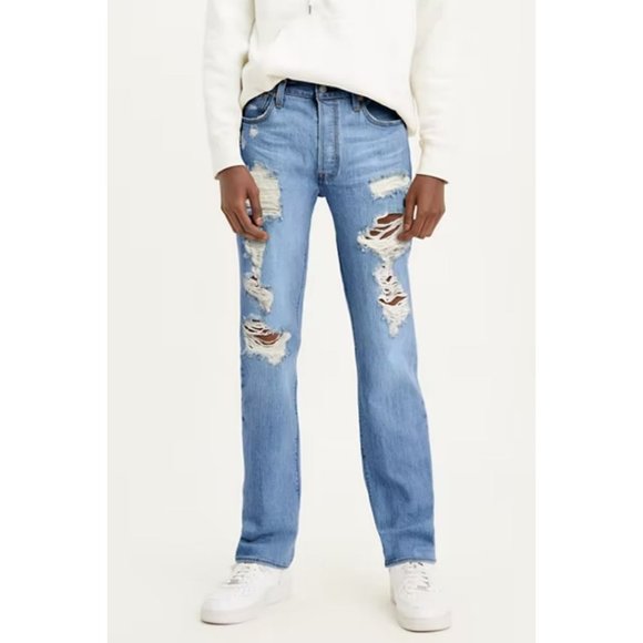 Levi's 501 Original Fit Ripped Distressed Medium Wash Blue Jeans Men's 35x32 - Picture 1 of 14